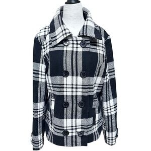 Black and White Plaid Wool Blend Double Breasted Peacoat XL